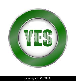 Yes button icon. Green approve symbol. Metallic circular element. Vector agreement sign. EPS 10. Stock Vector