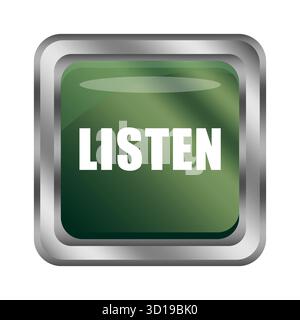Green LISTEN button. Shiny metal frame. Shadowed Vector element. Audio application icon. EPS 10. Stock Vector