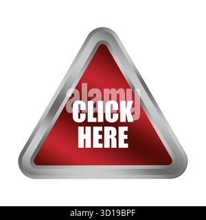 Red click here button. Metallic triangle shape. Selection point Vector. Directional sign emblem. EPS 10. Stock Vector