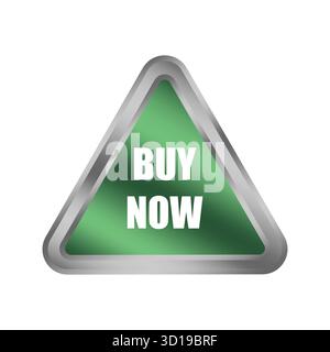 Green buy now button. Metallic triangle shape. Transaction action Vector. Purchase process symbol. EPS 10. Stock Vector