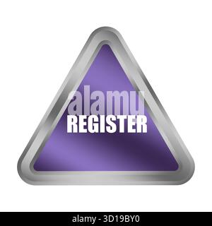 Purple register button. Metallic triangle shape. Membership form Vector. Enrollment action symbol. EPS 10. Stock Vector