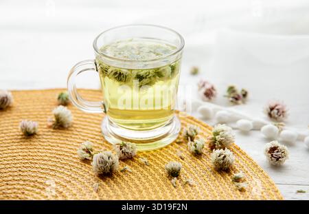 White clover Trifolium repens herbal tea in a clear glass. Steaming hot drink with glower blossoms inside and in bowl, on yellow place mat. Stock Photo