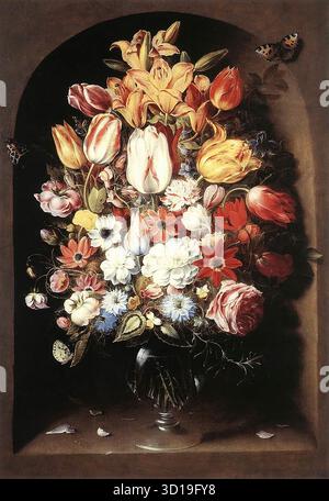 BEERT, Osias (b. ca. 1580, Antwerpen, d. 1624, Antwerpen)  Bouquet in a Niche - Oil on panel, 74 x 52 cm Rockox House, Antwerp  Jan Brueghel the Elder was the most important flower painter of his time, and the first to make a painting of a vase of flowers a genre in its own right. Many fellow artists in Antwerp followed him and also took up flower painting, including Osias Beert, whose Bouquet in a Niche is composed of a host of flowers from different seasons painted with refined taste but without much attention to the perspective of the setting and without the baroque sense of movement. In th Stock Photo