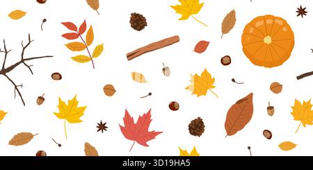 Autumn theme cozy seamless pattern. Fashion textile design with autumn theme hand-drawn leaves, pumpkin, chestnuts and other objects. Stock Vector