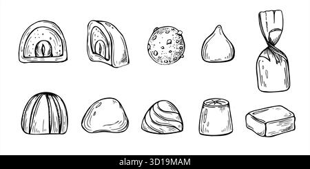Chocolate candies of cross section, whole and with fillings inside vector isolated line art black ink illustration. Monochrome hand drawn sweets set. Stock Vector