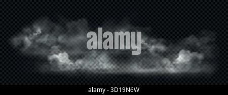 Vector steam clouds isolated on dark transparent background Stock Vector