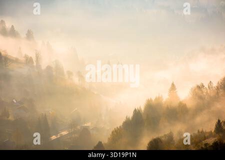 rising fog in valley. rural landscape in autumn. trees on the hill emerge from cold morning mist. village concealed in glowing haze. beautiful country Stock Photo