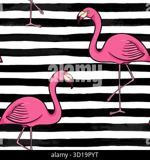 Hand drawn pink flamingo silhouette on a background of black and white stripes. design for holiday greeting card and invitation of seasonal summer Stock Vector