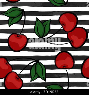 Seamless background with cherry on black and white watercolor stripes . design for holiday greeting card and invitation of seasonal summer holidays Stock Vector