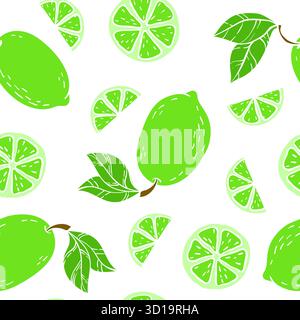 Beautiful seamless doodle pattern with cute green limes and slice silhouette. Hand drawn trendy background. design background greeting cards, invitati Stock Vector