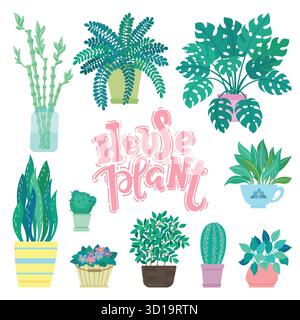 Collection of decorative houseplants isolated on white background. Bundle of trendy plants growing in pots or planters. Set of beautiful natural home Stock Vector