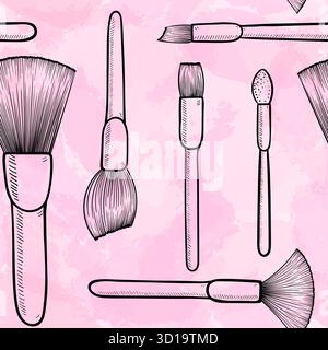 seamless pattern. Black and white Make up brushes for cosmetics on the pink watercolor background. hand drawn fashion illustration Stock Vector