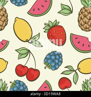 Beautiful seamless pattern with cute doodle fruits sketch. Hand drawn trendy background. design background greeting cards, invitations, fabric Stock Vector
