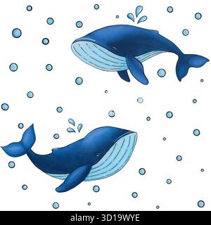 Vector seamless pattern with cute cartoon blue whale on white background with water drops Stock Vector