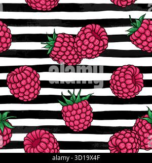 seamless pattern pink raspberries with black contour on black and white watercolor stripes. design holiday greeting card and invitation of seasonal Stock Vector