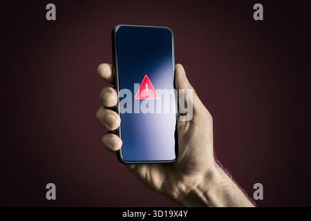 Phone error or caution. Scam, fraud or connection crash problem. Warning notice in app. Bad wifi signal, overheating battery or system bug. Stock Photo