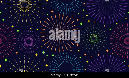 Vector seamless pattern with bright colorful fireworks and sparkling stars on dark background Stock Vector