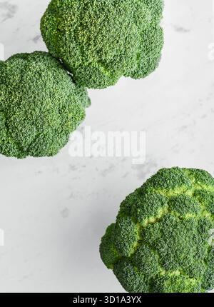 Three broccoli florets on white marble background, top view Stock Photo