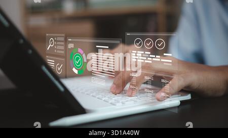 Business professional using laptop with virtual data dashboard, showing workflow automation, digital management system, and business technology concep Stock Photo