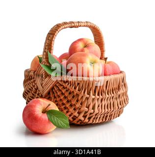 Ripe apples in a wicker basket isolated  on white  background Stock Photo