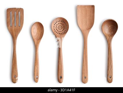 Wooden Kitchen Utensil Set (spoon, ladle, spatula, slotted spoon) isolated on white background, clipping path included Stock Photo