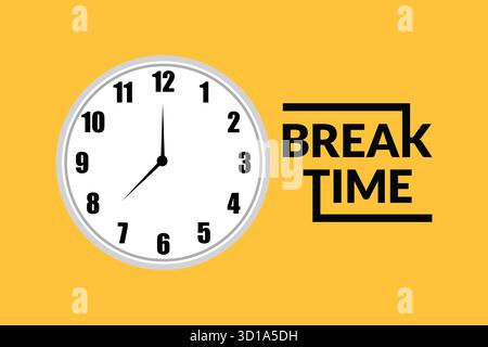 Yellow background with clock and break time text forming a bold reminder design ideal for office or school visuals promoting rest awareness motivation Stock Vector