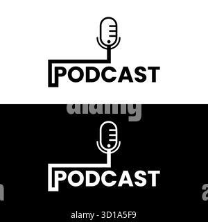 Podcast logo featuring a microphone icon and bold text in black and white minimal design perfect for media branding audio production broadcasting Stock Vector