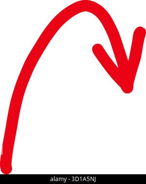 Hand drawn red curved arrow pointing down vector isolated on white representing decline decrease or fall perfect for business warning or negative tren Stock Vector