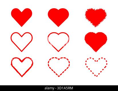 Red heart vector set featuring various love shapes in outline grunge dashed and filled styles perfect for romantic design valentine decoration greetin Stock Vector