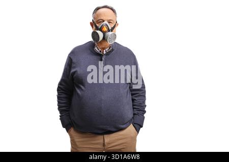 Mature man wearing gas mask isolated on white background Stock Photo