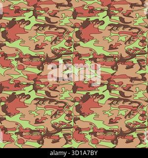 Seamless Camouflage Pattern in Brown Green background. Modern clothing style masking camo repeat print. Forest texture. Wavy shapes. Graphic design ve Stock Vector