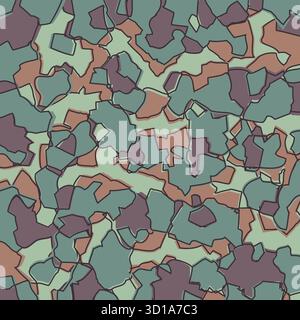 Seamless Camouflage Pattern in Green Purple Brown background. Modern clothing style masking camo repeat print. Forest texture. Wavy shapes. Graphic de Stock Vector