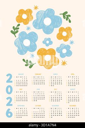 Crayon Yellow Blue Flowers calender. 2026 Floral annual calendar. Textured Primitive Hand Drawing. New Year vertical template 12 months in English. We Stock Vector
