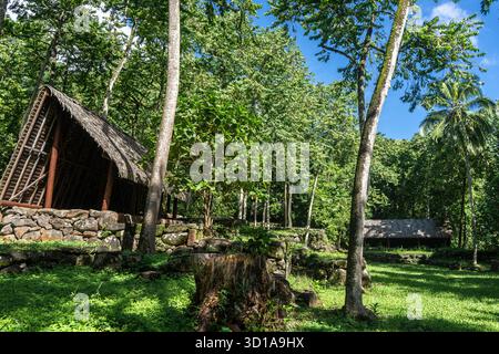 A traditional thatched-roof structure stands amid ancient stone ruins ...