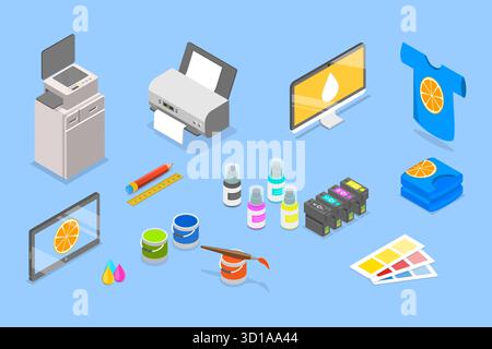 3D Isometric Flat Set of Items For Printing , T-shirt Printing Specialized Equipment Stock Photo
