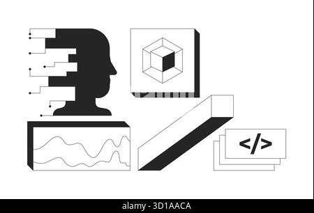 Digital tools and artificial intelligence 2D line objects set Stock Vector