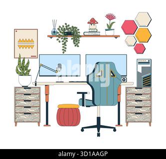 Home office and gaming desk setup 2D vector illustration Stock Vector