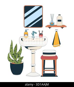Stylized bathroom sink with toiletries 2D vector illustration Stock Vector
