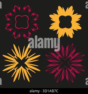 Abstract ray bursts. Four colorful shapes. Dynamic light Vector. Dark background elements. EPS 10. Stock Vector