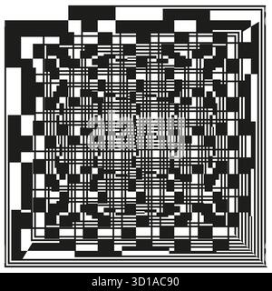 Grid perspective illusion. Infinite tunnel pattern. Black white warp field. Vector digital texture. EPS 10. Stock Vector