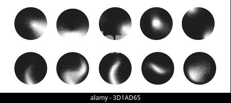 Swirl circle with grainy noise and soft wave gradients creates dynamic abstract pattern. Round shapes and spheres blend vintage halftone and dotwork Stock Vector