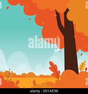 A warm and whimsical autumn landscape showcasing a dominant tree with rich orange foliage, gently falling leaves, and a soft blue backdrop. Stock Vector