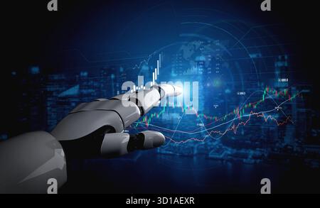 A futuristic robot hand points to a digital financial graph, showcasing data visualization in a high-tech environment, emphasizing growth and technolo Stock Photo