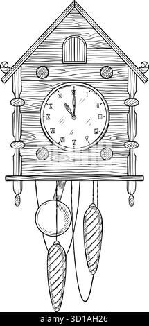 Cuckoo Clock with pendulums vintage engraving vector illustration for retro Christmas greeting cards or New Year invitations. Etching of wooden decor for nostalgic home design painted black inks. Stock Vector