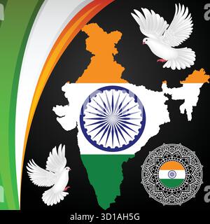 India Map with Tricolor Flag and Peace Doves Illustration Stock Vector