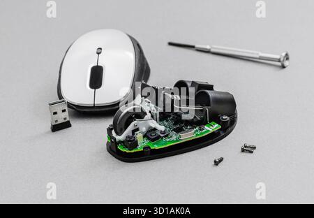 Disassembled computer mouse on white background. Gadget repair ...