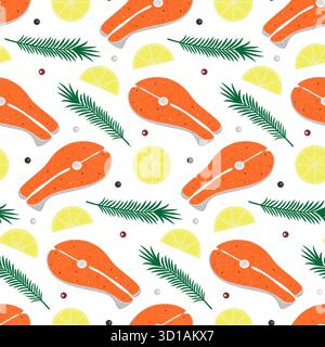 Salmon Steak Lemon slice Rosemary Sprig and Peppercorn mix Seamless Pattern Healthy Eating Backdrop. Isolated Vector illustration Healthy Food Poster or Culinary Themed Backdrop Banner, leaflet, label Stock Vector