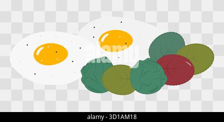 Seasoned Fried Eggs with yolk and Salad leaves and Brussels Sprouts Breakfast Minimalist Flat Design. Isolated Vector illustration Healthy Food Poster Recipe Menu Cards Banner, leaflets, labels, price Stock Vector