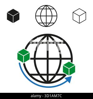 Global logistics icon. Spinning earth cubes. Green blue arrow. Vector dynamic symbol. EPS 10. Stock Vector