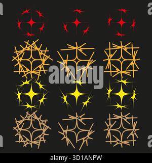 Star symbol collection. Bright yellow elements. Black background decor. Vector festive shapes. Stock Vector